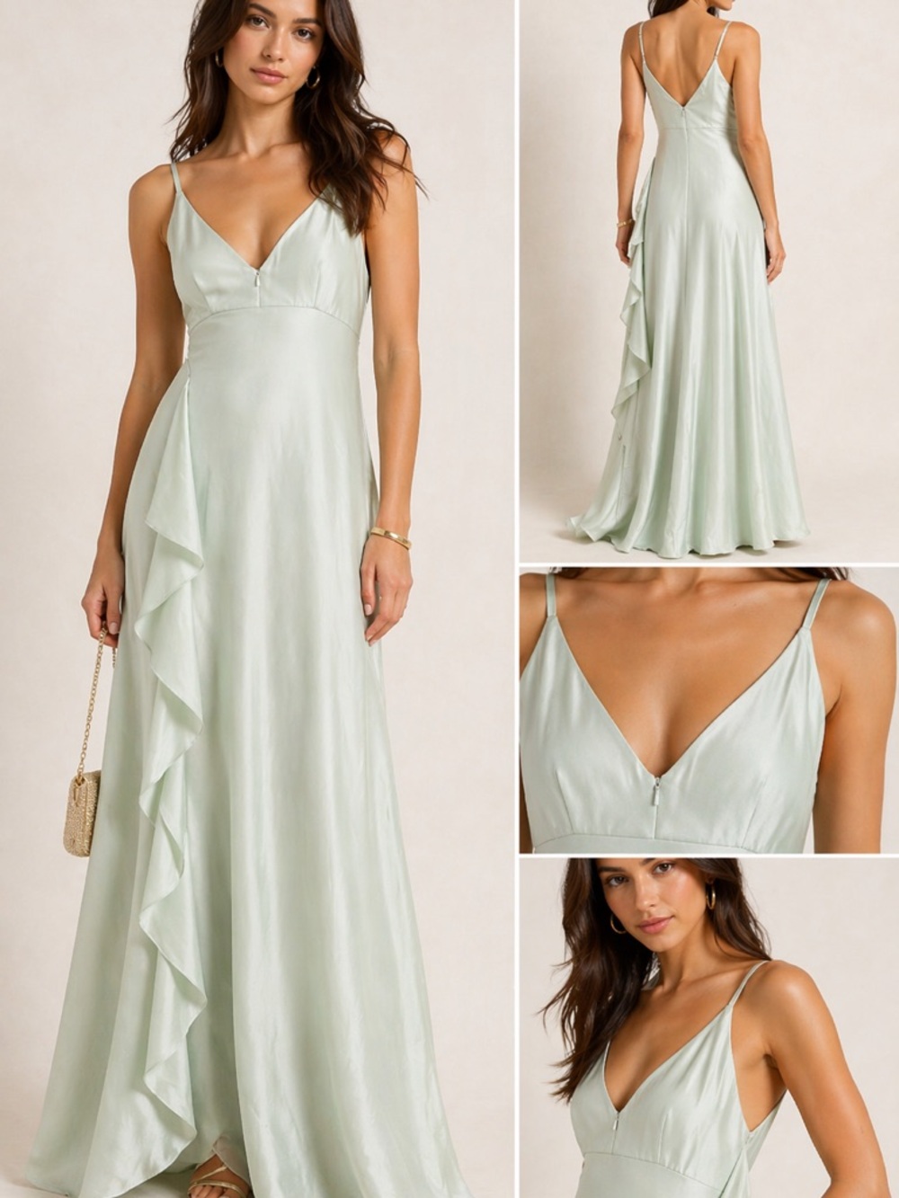 Mac Duggal Light Sage Satin V-Neck Ruffle Maxi Dress